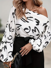  Graffiti Print One Shoulder Lantern Sleeve Top