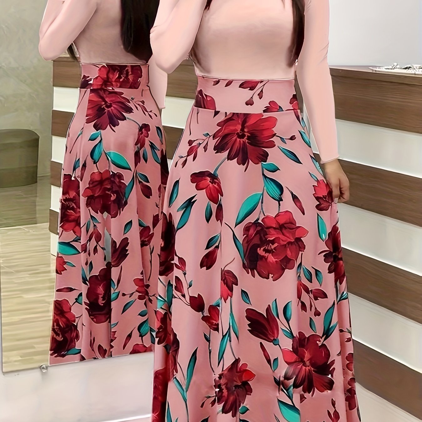  Colorblock Floral Print Long Sleeve Maxi Dress