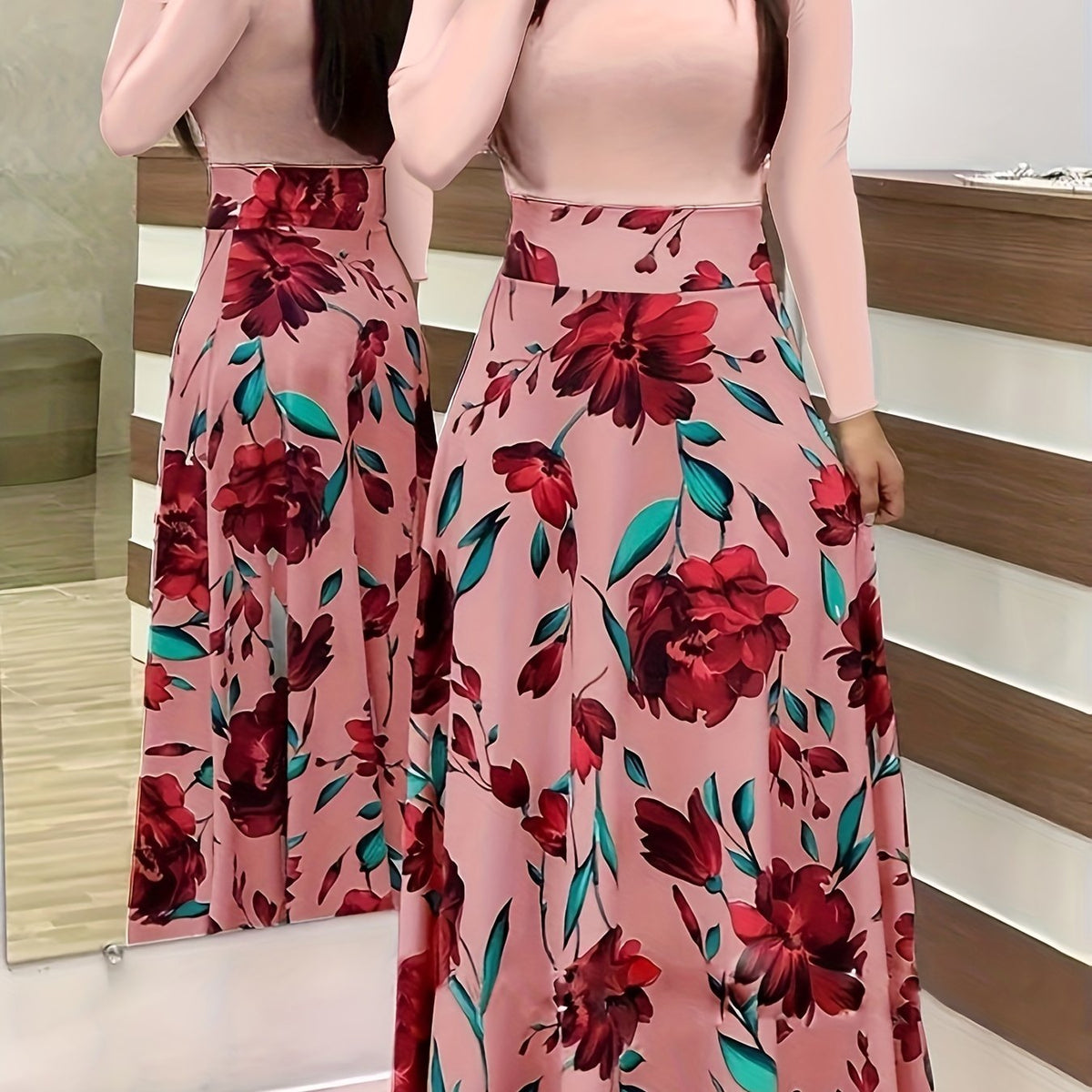  Colorblock Floral Print Long Sleeve Maxi Dress