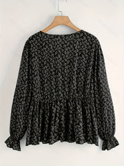  Casual Blouse Ditsy Print Lantern Sleeve V Neck Peplum Top
