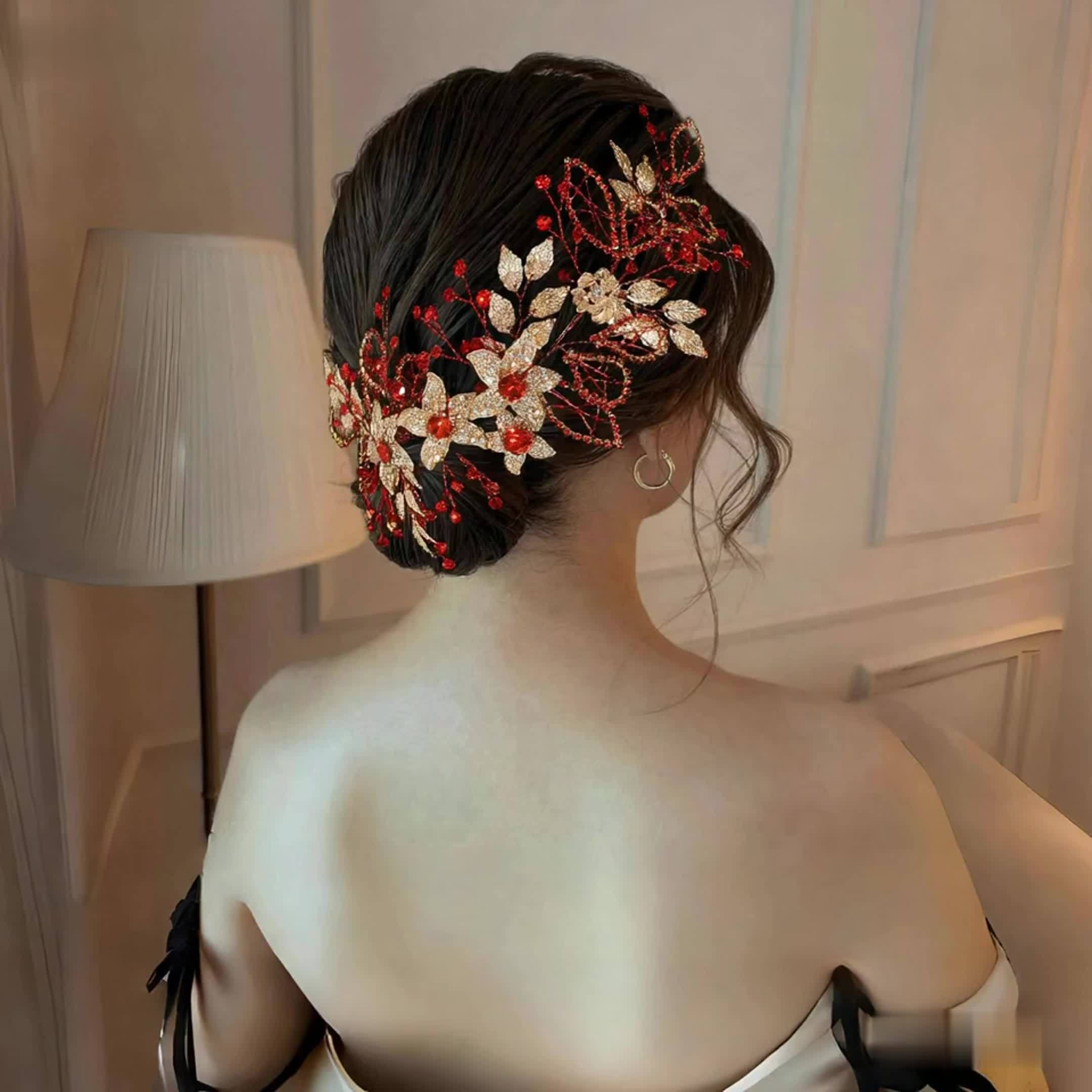 Handwoven Red Rhinestone & Golden Leaf Bridal Hair Accessory