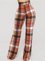  Boho Pants Women's Wide Leg Straight Plaid Print Elastic Waist
