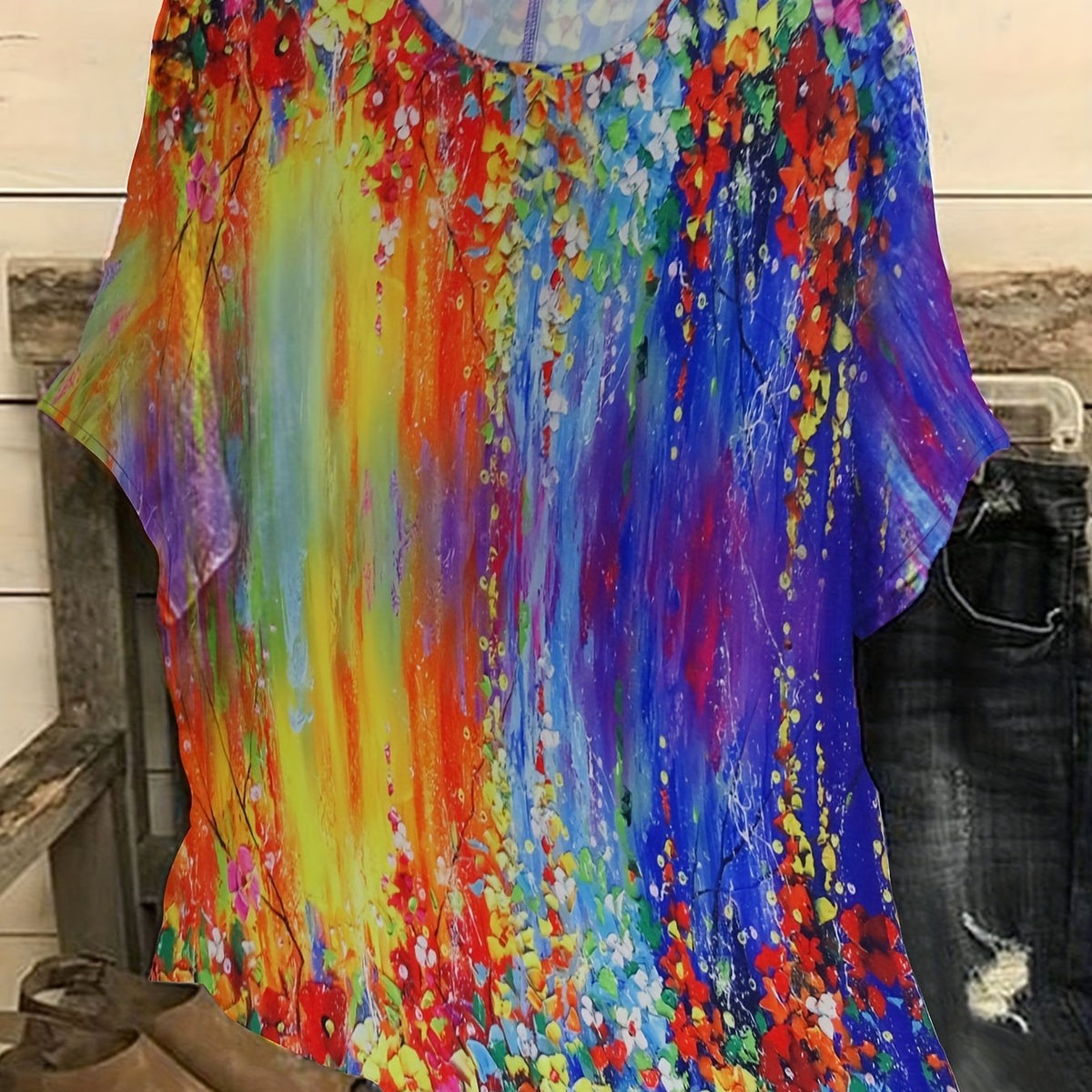  Painting Print Round Neck Drop Shoulder Short Sleeve Blouse