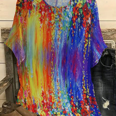 Painting Print Round Neck Drop Shoulder Short Sleeve Blouse