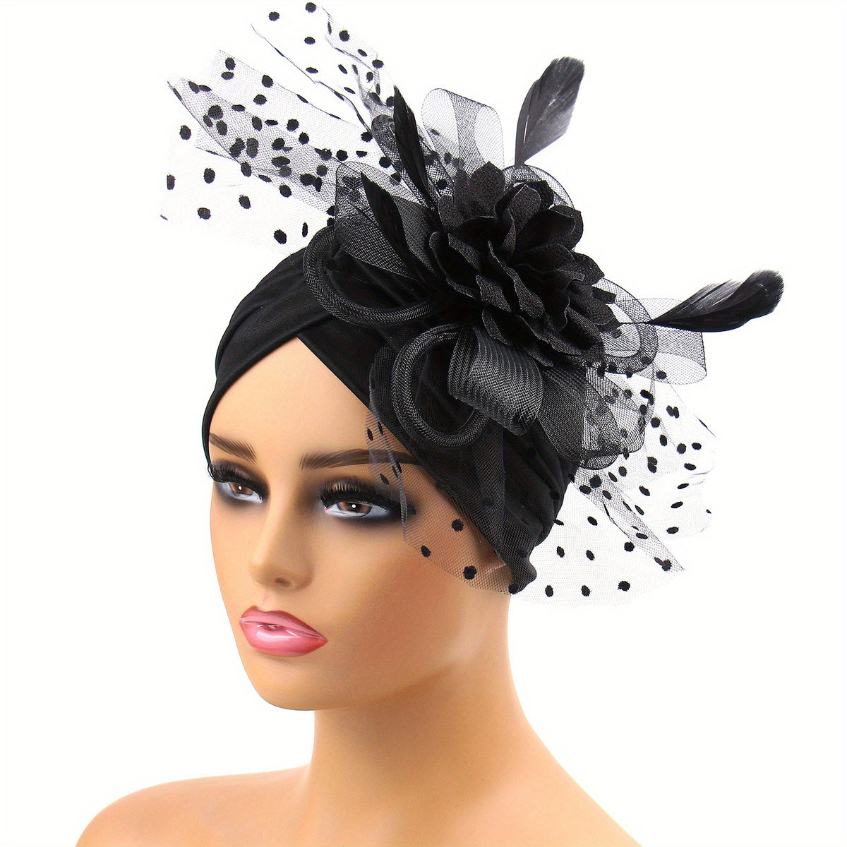 Feather Mesh Flower Turban Cap Head Wrap Elastic Beanie Women Ramadan Bonnet