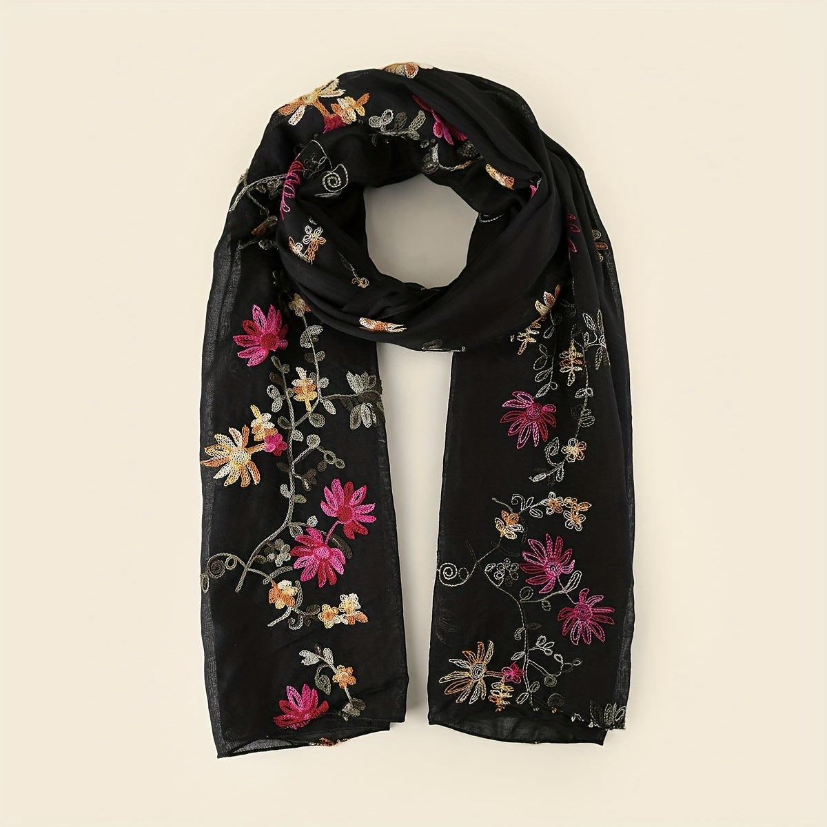 Boho Flower Embroidery Scarf Vintage Thin Shawl Women Head Wrap