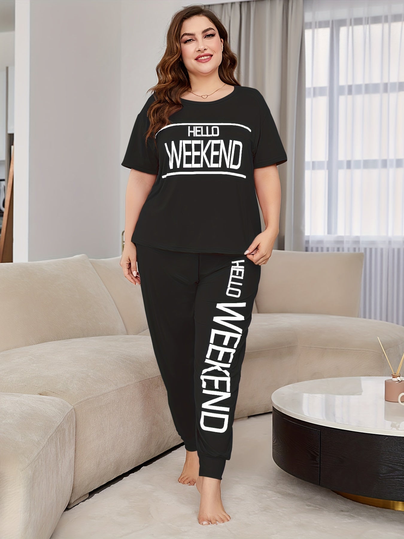  Letter Print T-shirt & Pants Pajama Set