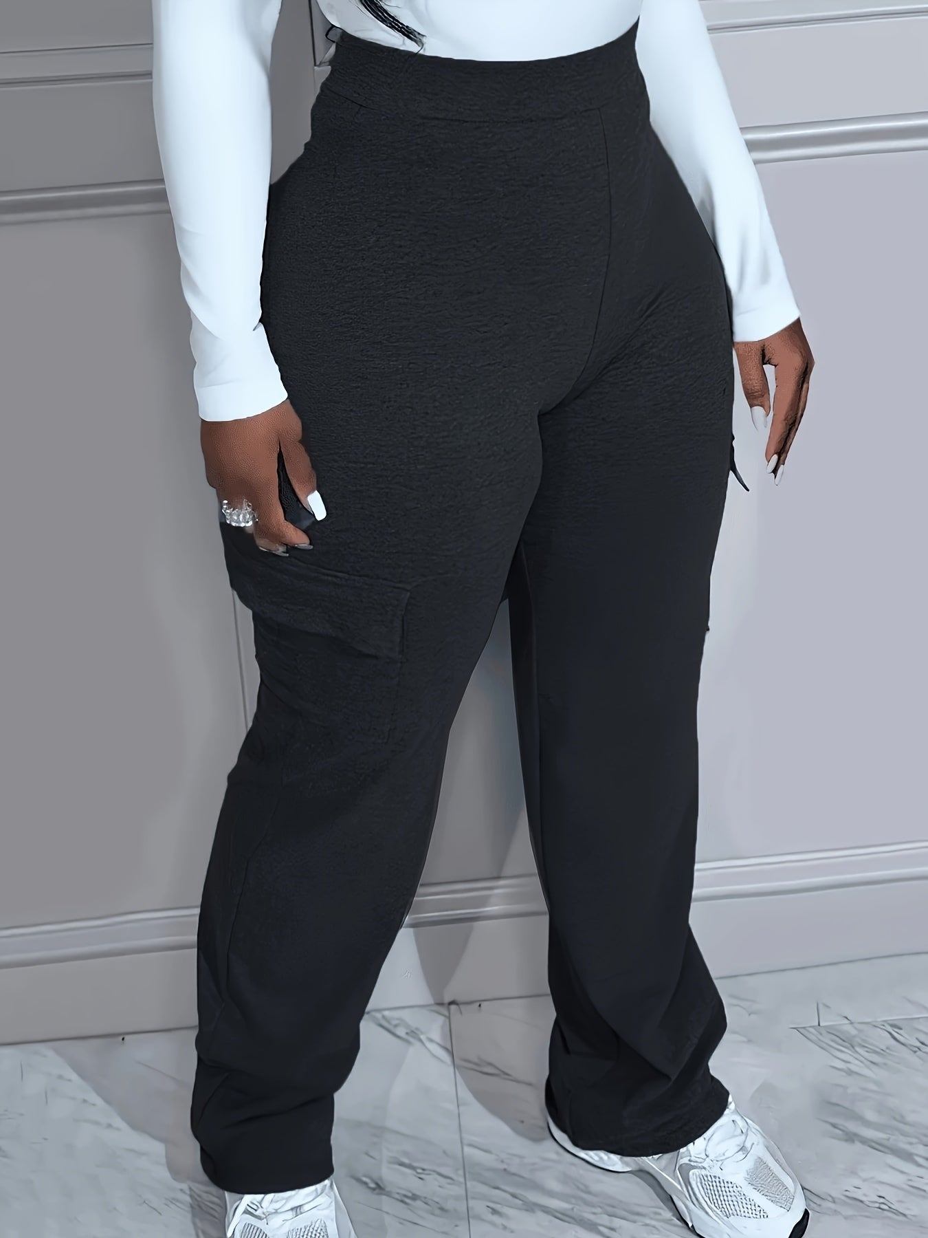 Plus Size High Rise Stretch Straight Leg Trousers With Pockets