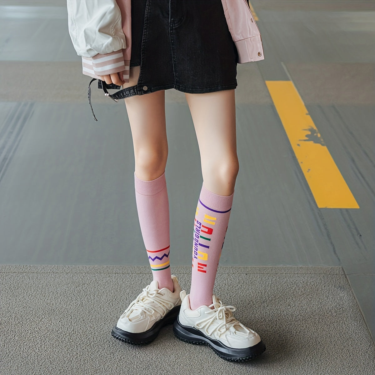 4 Pairs Letter Print Calf Socks Sports Knee High Stockings