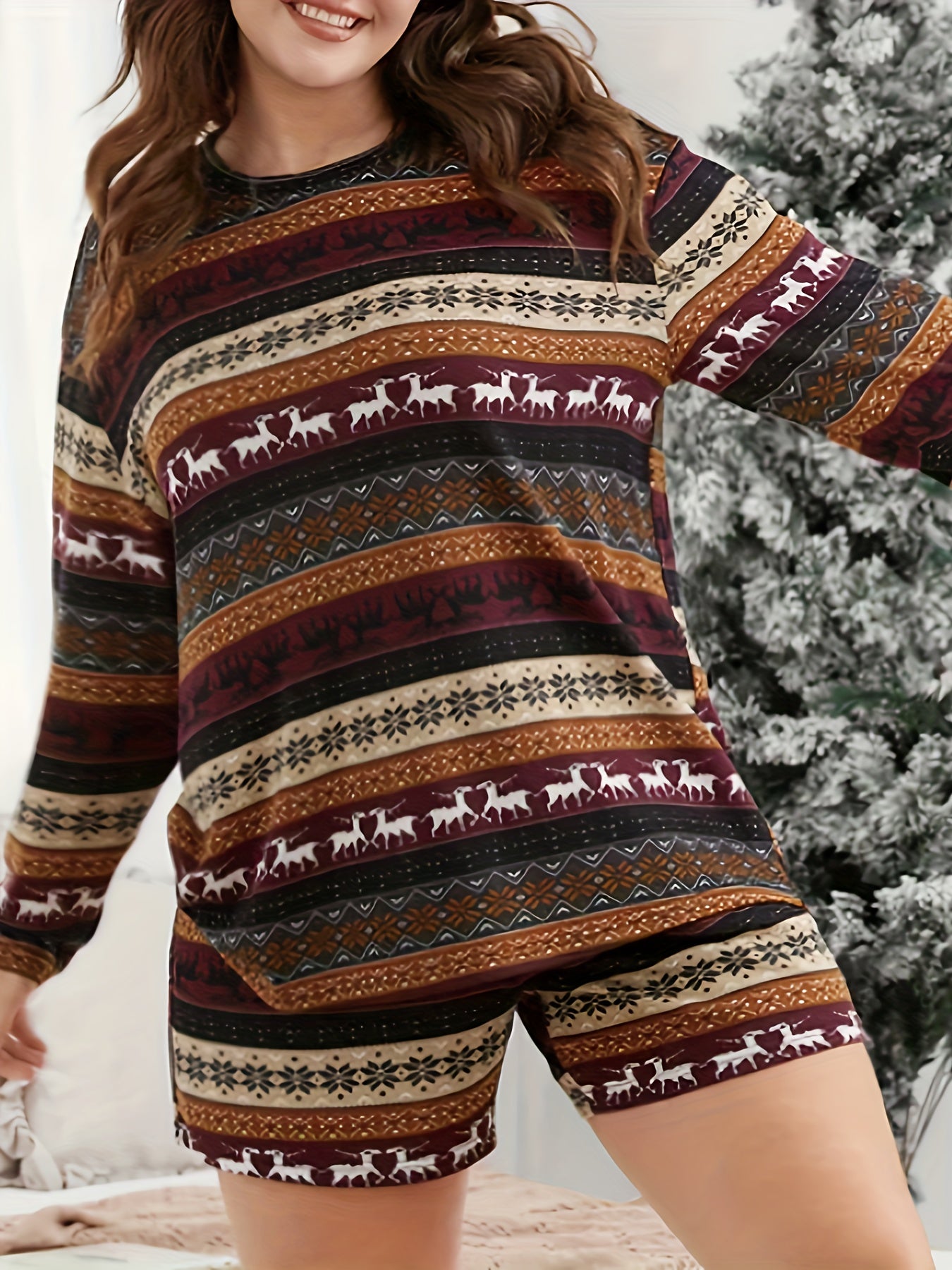  Christmas Lounge Set Elk & Stripe Print Tee & Shorts Pajamas