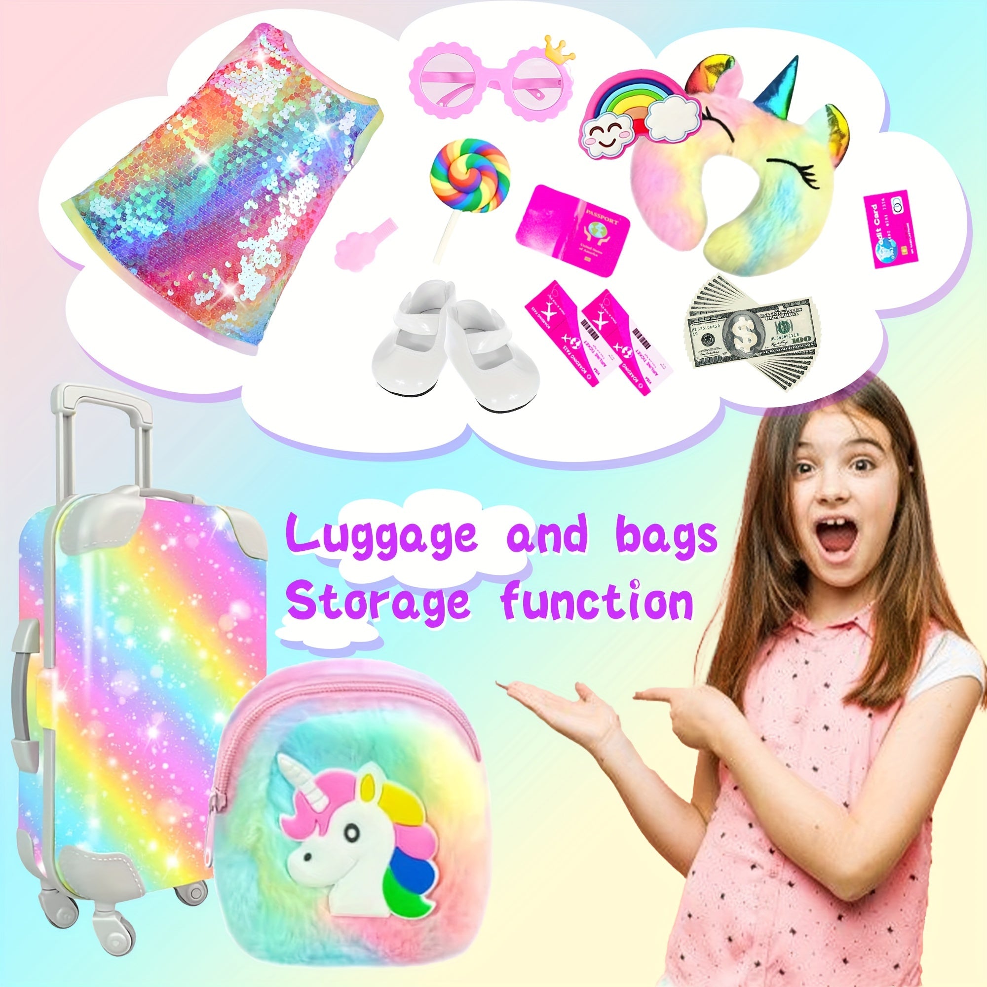 24pcs 18 Inch Doll Travel Case Set with Shinning Dresses Handbag Glasses Shoes