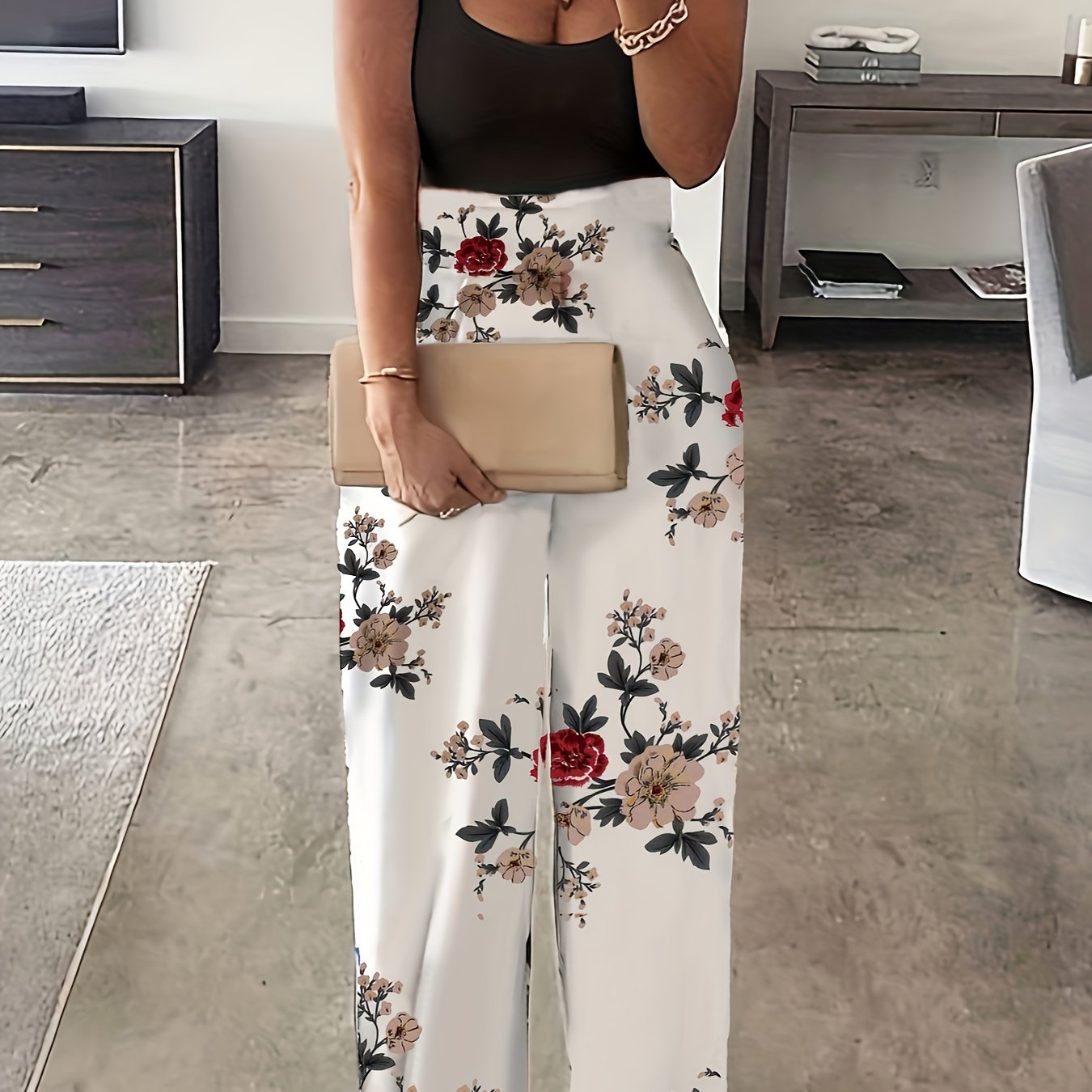  Colorblock Floral Print Square Neck Jumpsuit