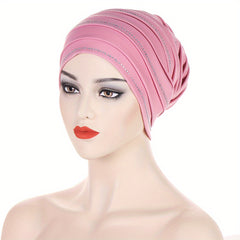 Pleated Satin Turban Cap Rhinestone Decor Head Wraps Elastic Hijab Hats