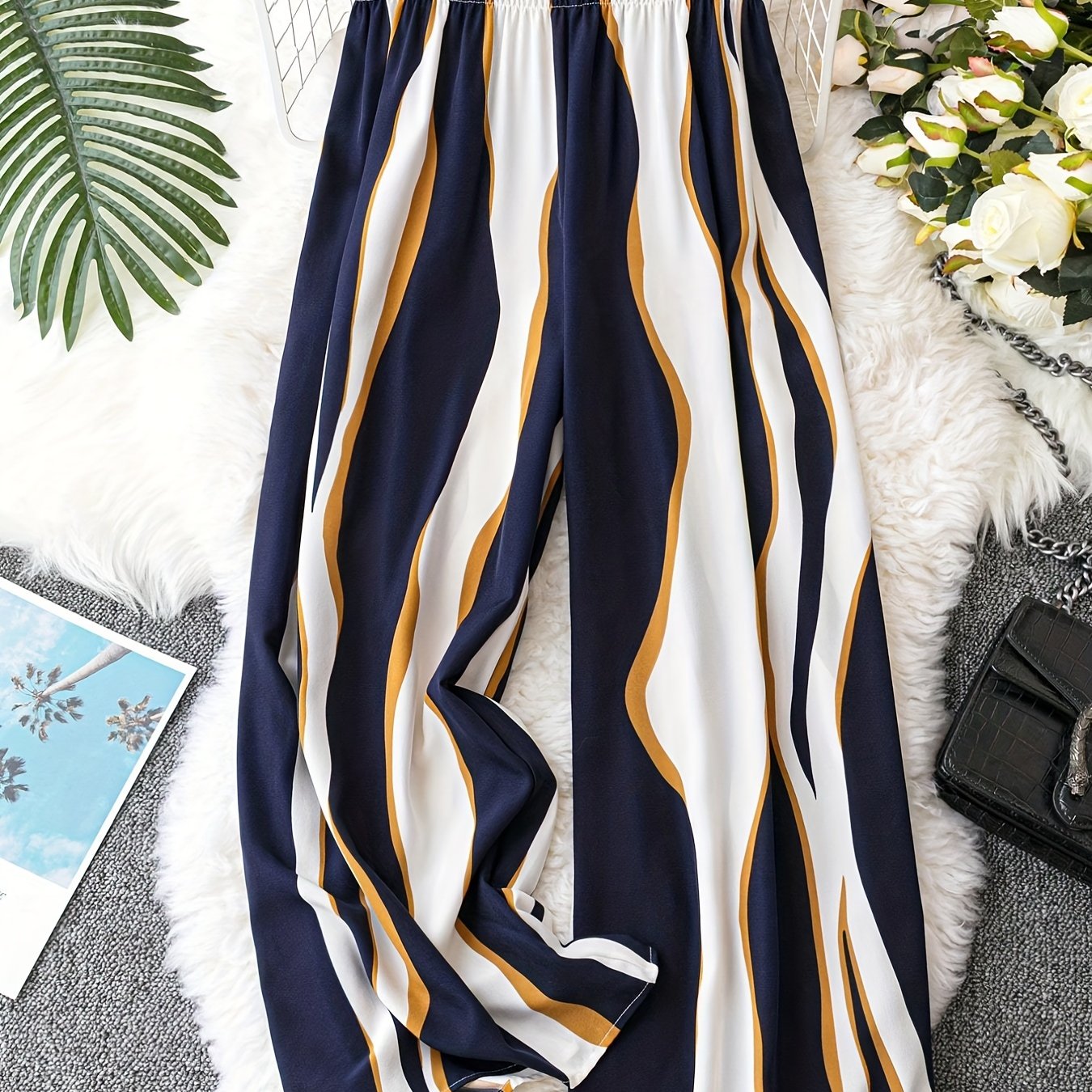 Women's Plus Striped Print Wide Leg Trousers