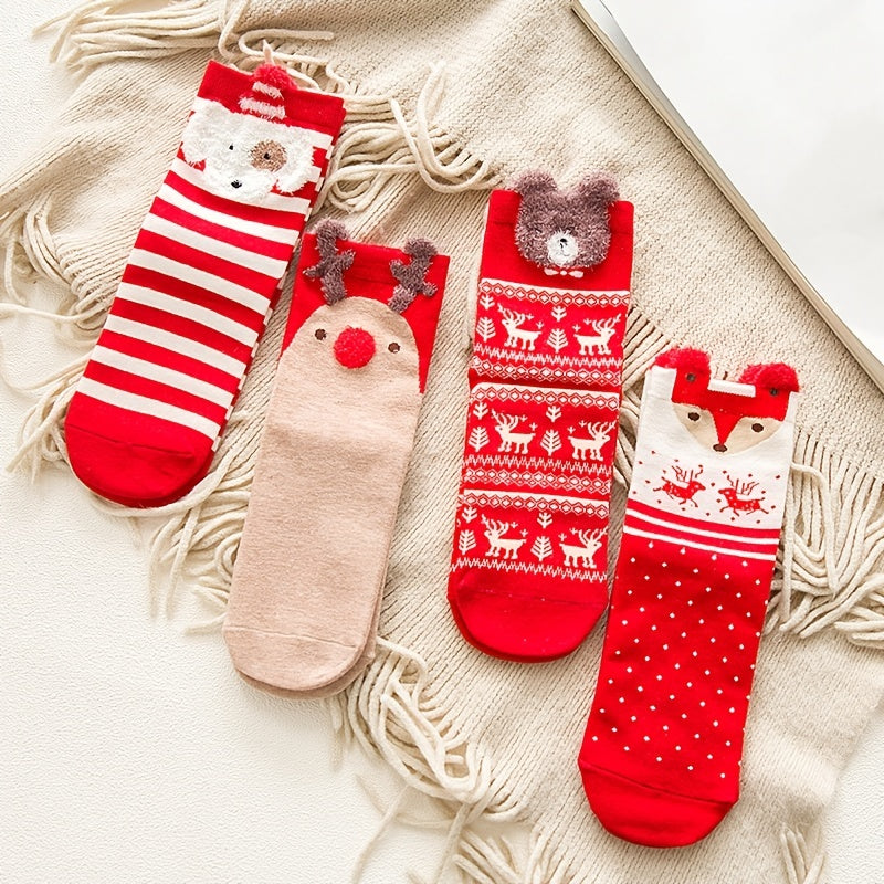 Christmas Ankle Socks: Cartoon Animal & Christmas Print Women's Stockings