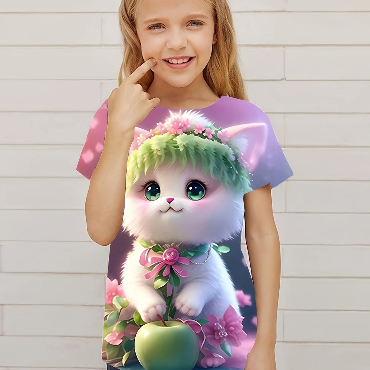 Cute Kitty Graphic Tee for Girls Summer Gift