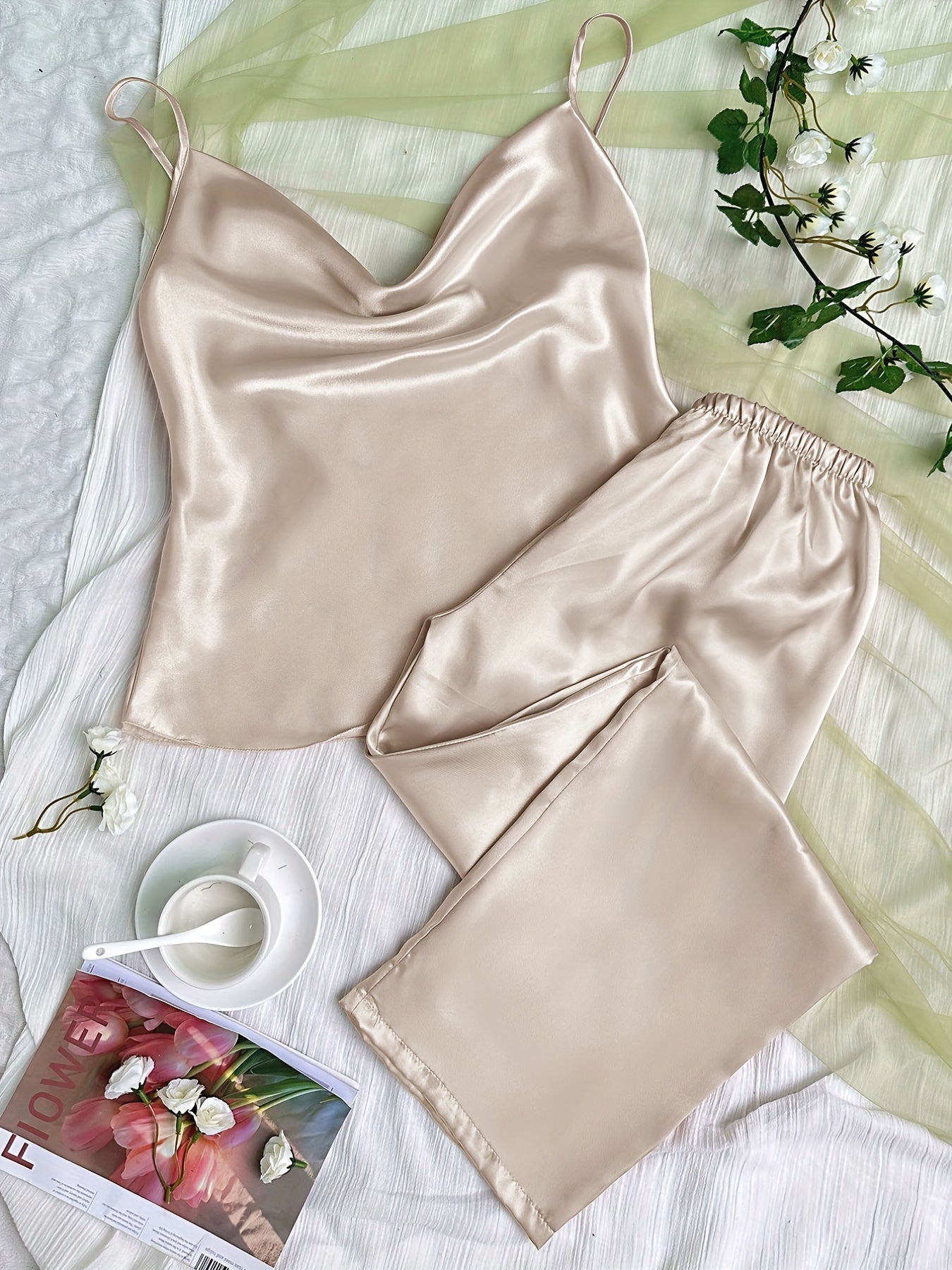 Satin Pajama Set V Neck Cami Top & Pants Women's Sleepwear