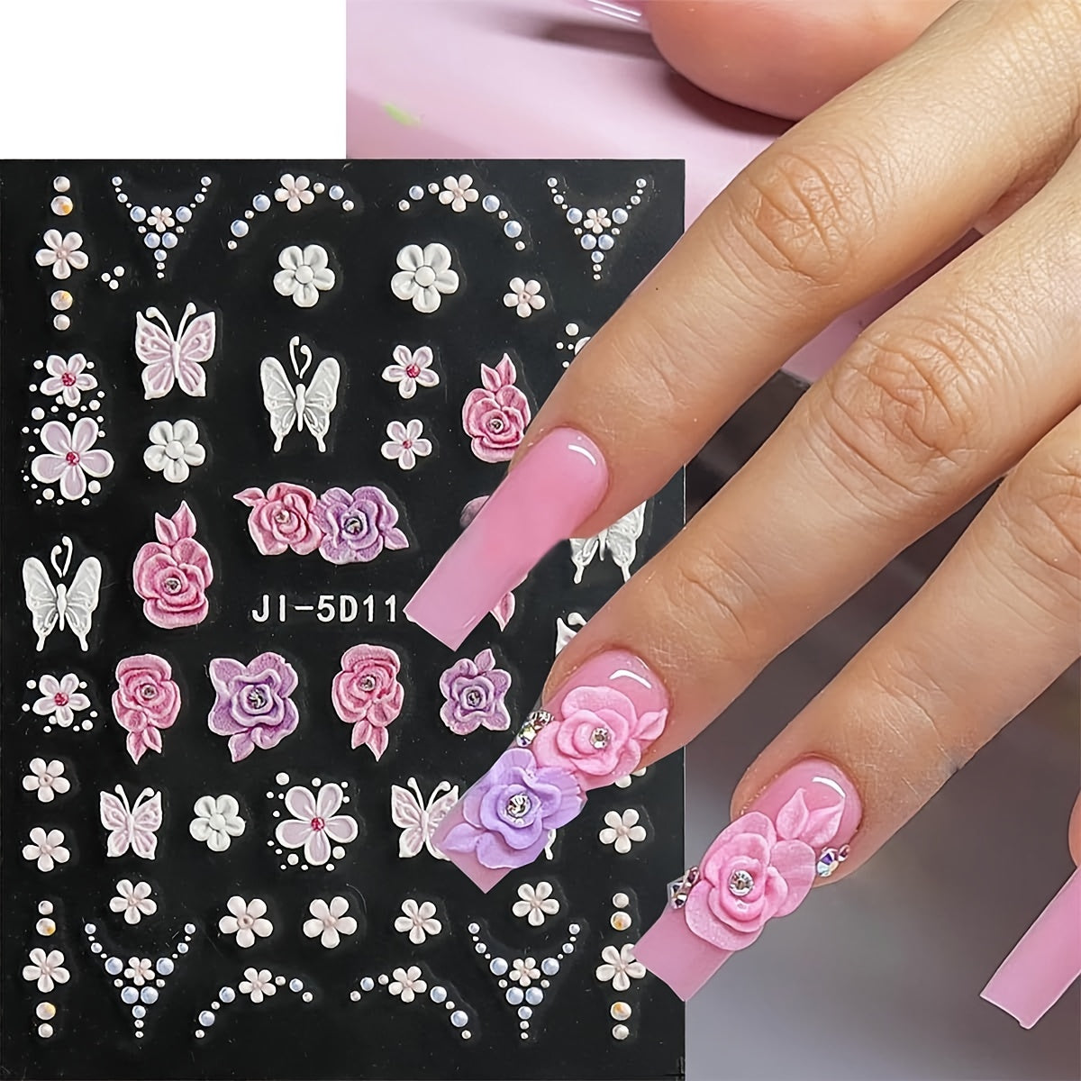 5D Pink Petals Butterfly Nail Stickers French Line Acrylic Spring