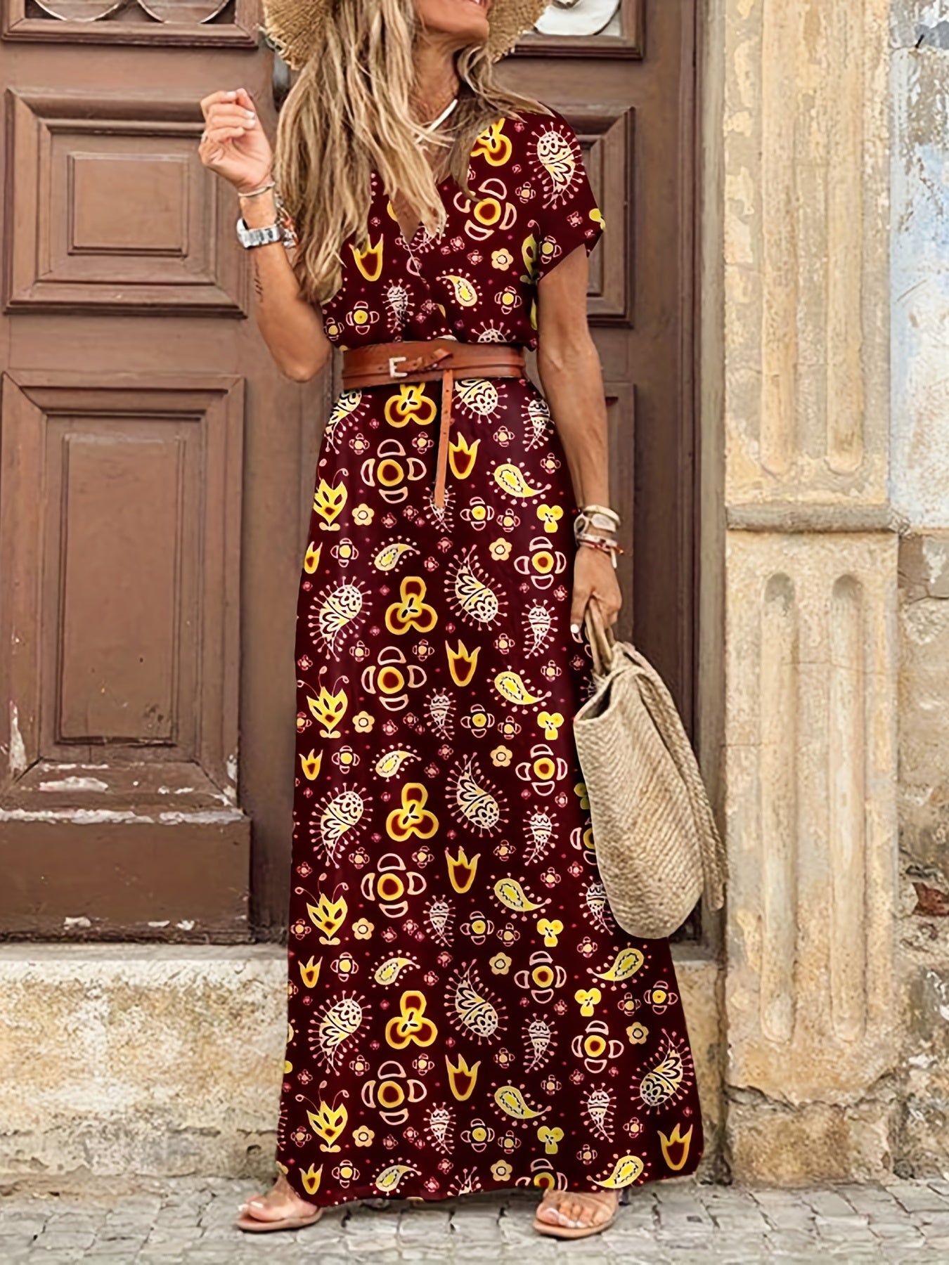 Boho Paisley Print V Neck Maxi Dress Plus Size