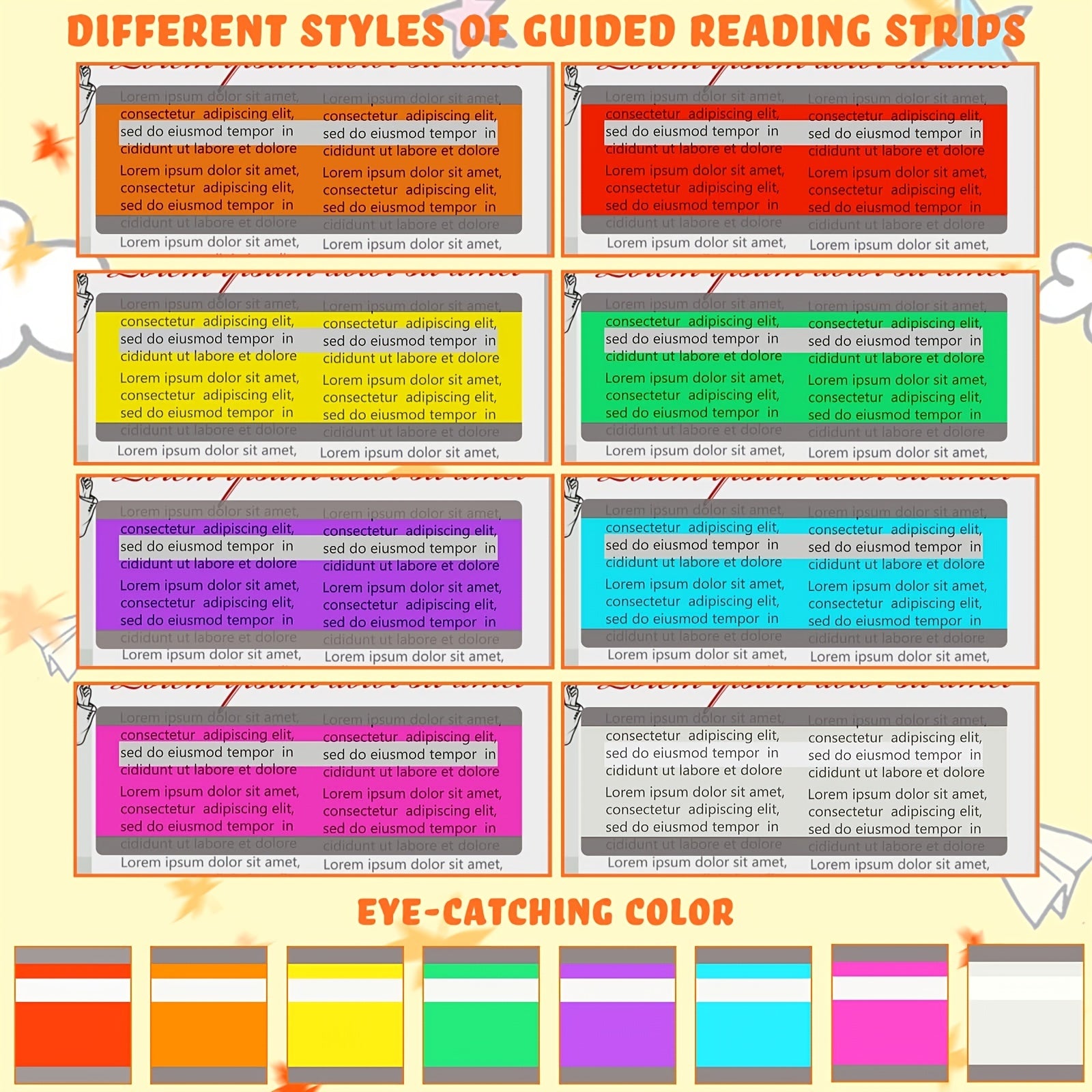 8pcs Guided Reading Strips Colored Highlight Strips For Dyslexia Reading Tools