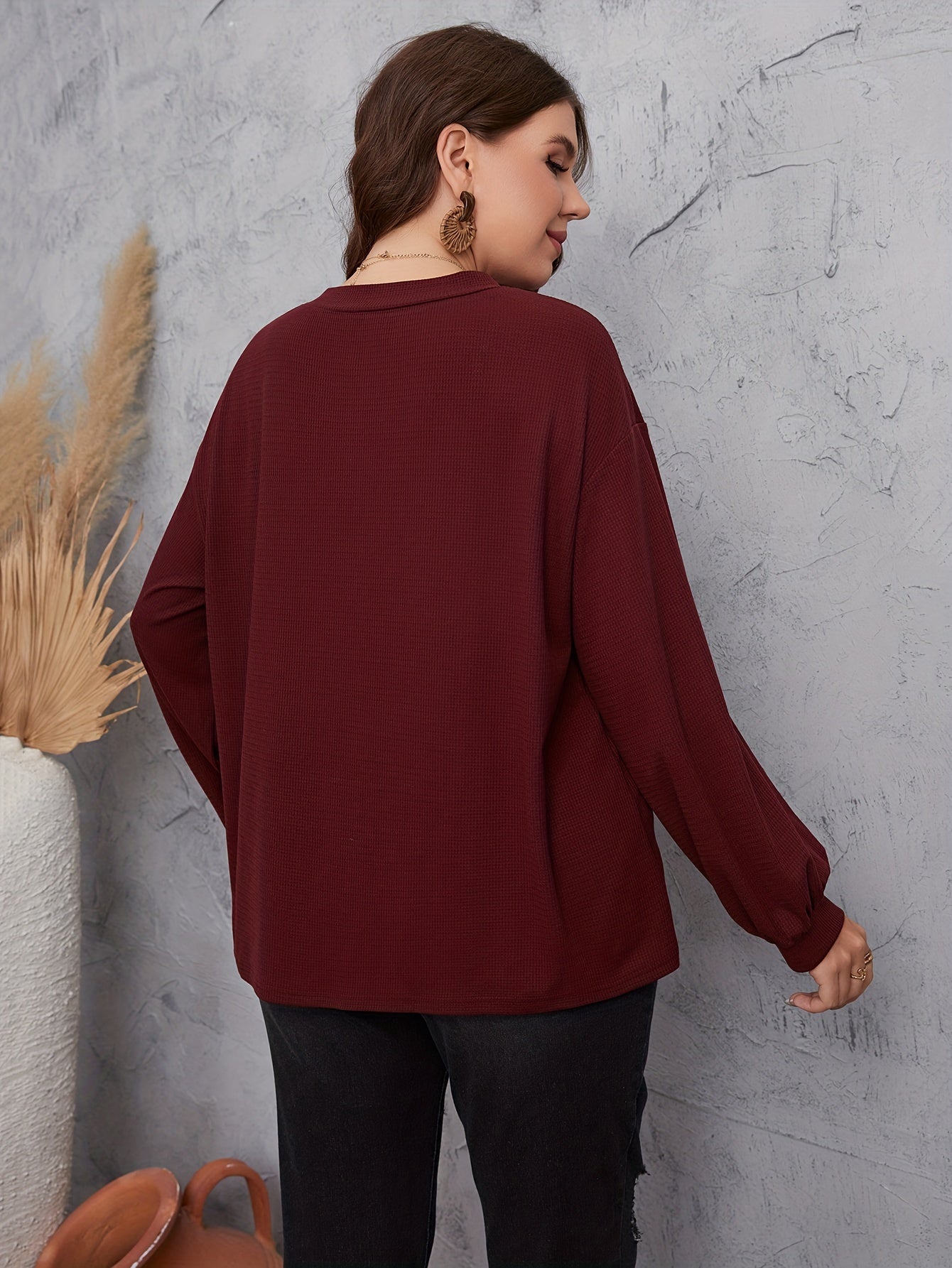  Casual Knit Top Solid Lantern Sleeve V Neck Knit Top