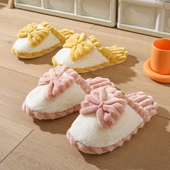 Women's Bowknot Slippers Round Toe Colorblock Warm Fluffy Home Shoes