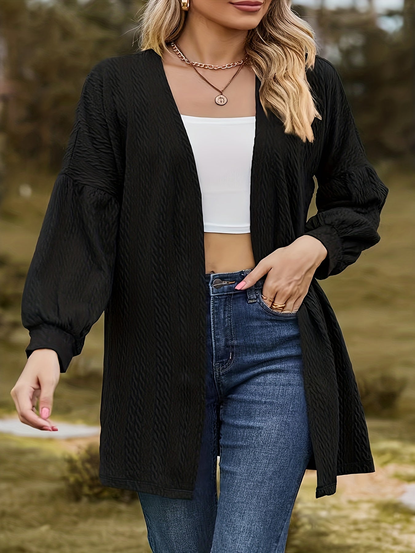  Solid Knitted Long Sleeve Open Front Cardigan