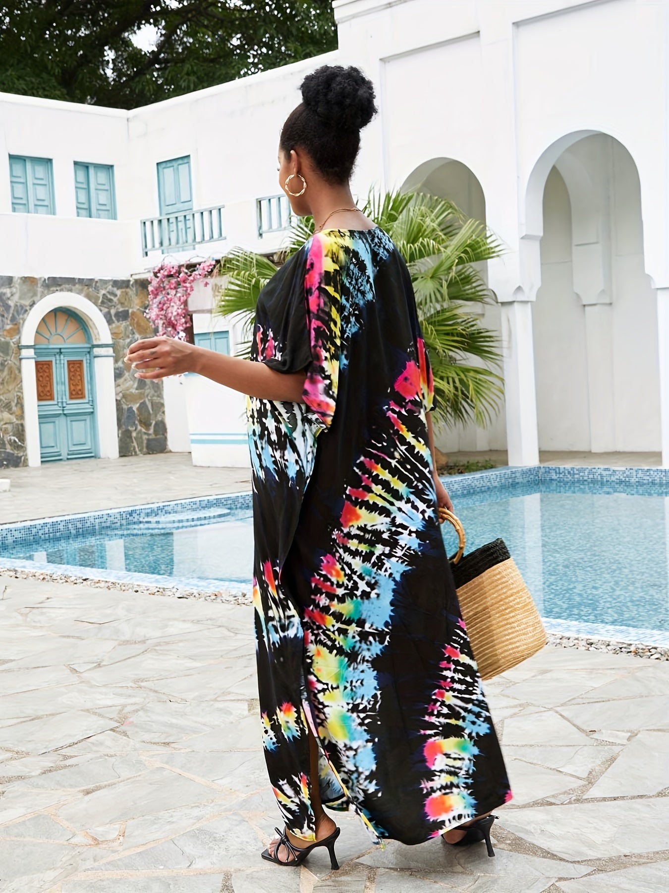  Boho Cover Up V Neck Bat Sleeve Split Dress