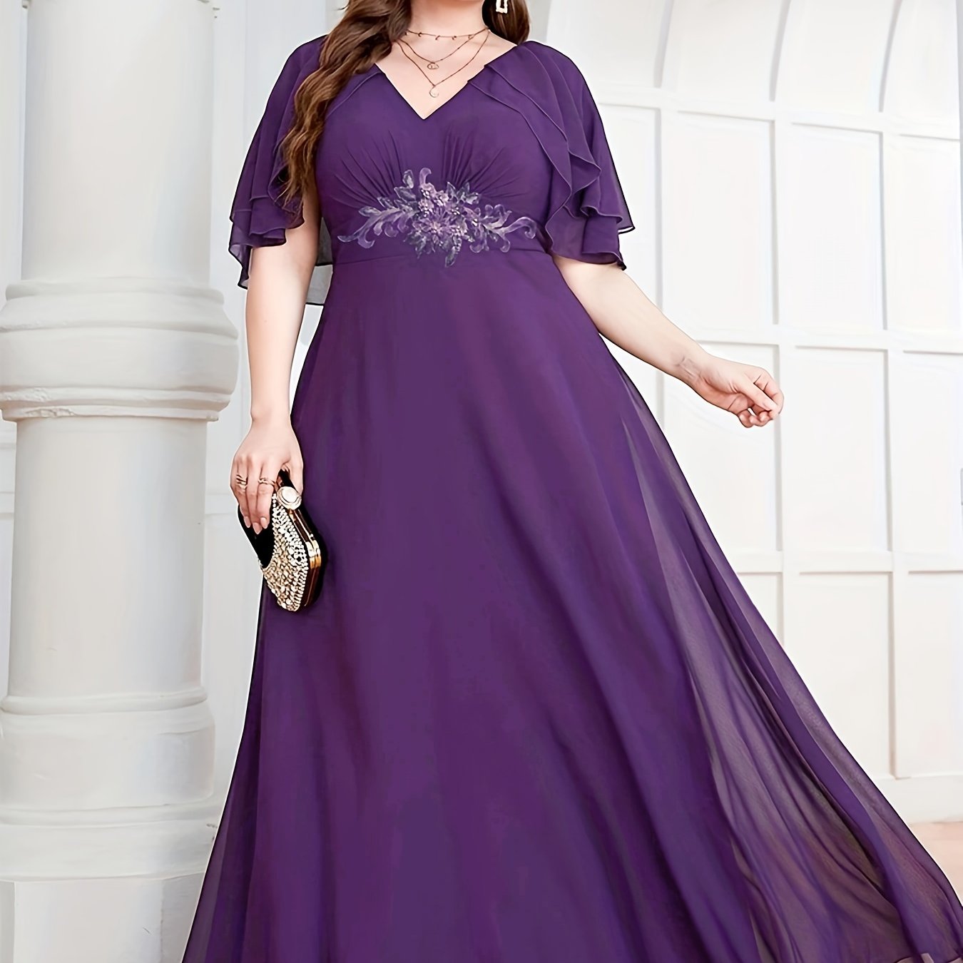  Floral Appliques Cape Sleeve Formal Dress