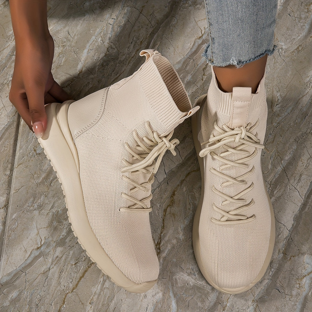 Women's Stretch Sneaker Boots Lace Up Flat High Top Sock Shoes