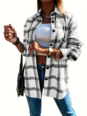  Plaid Print Button Up Long Sleeve Shacket