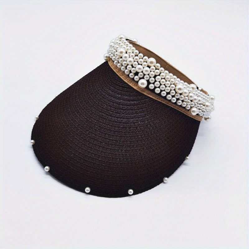 Faux Pearl Visor Hat Straw Sun Hat UV Protection Beach Hat