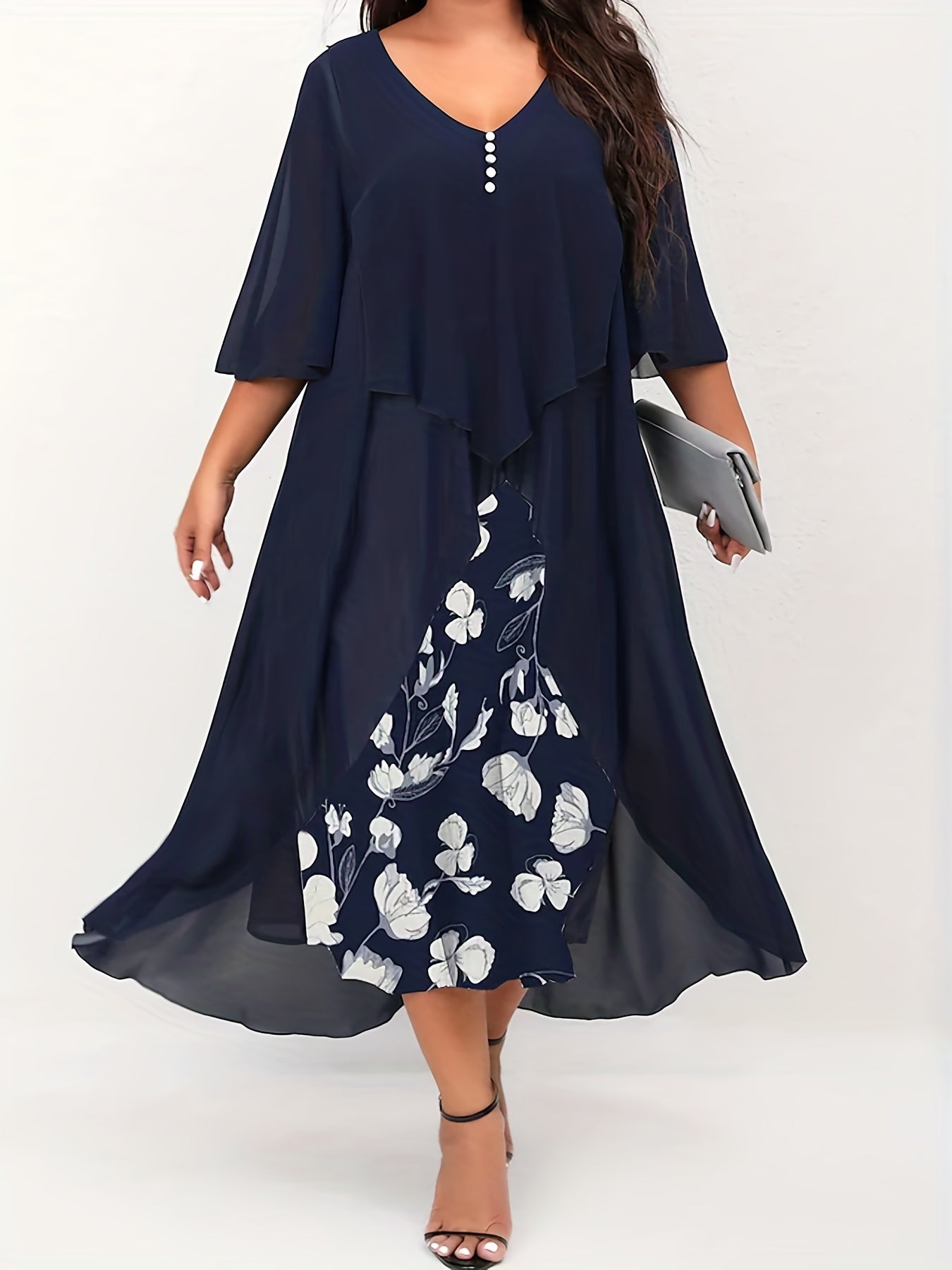  Women's Floral Print Layered Cloak Dress