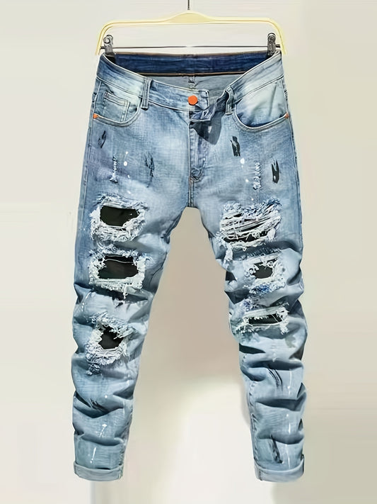 Men's Ripped Cotton Jeans Street Style Distressed Denim Pants