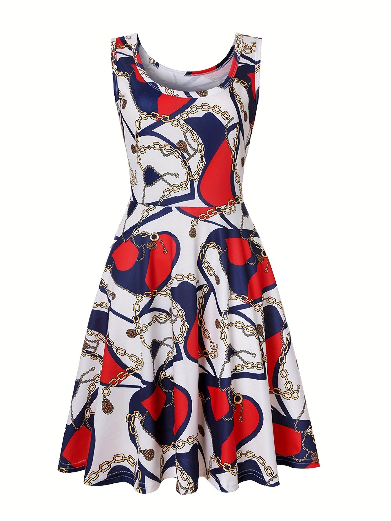  Casual Tank Dress Women's Plus Graphic Print Round Neck Medium Stretch