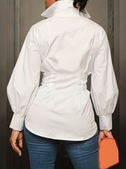  Casual Blouse Button Up Lantern Sleeve Turn Down Collar Blouse