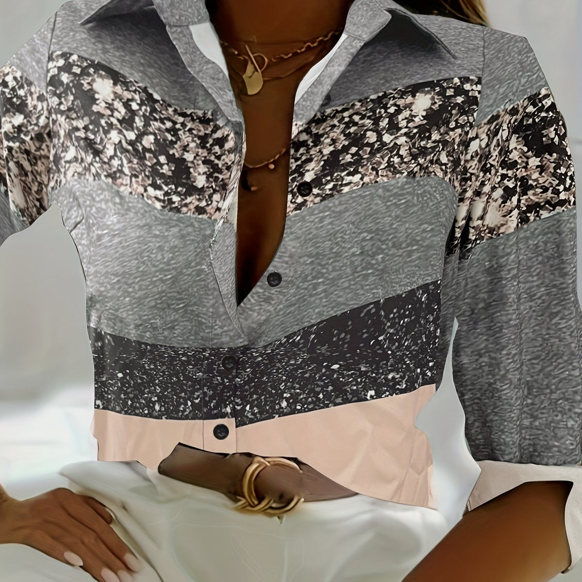  Colorblock Glitter Button Up Blouse