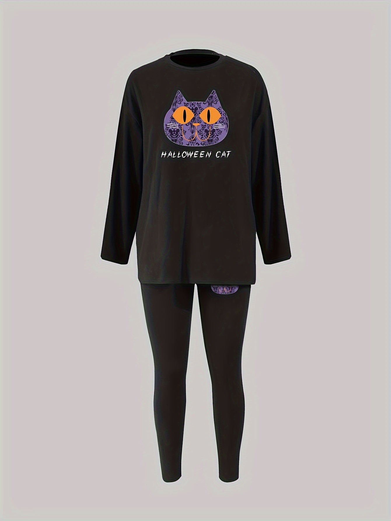  Halloween Pajama Set Women's Funny Cat & Art Print Tee & Leggings Set