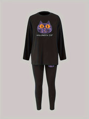 Halloween Pajama Set Women's Funny Cat & Art Print Tee & Leggings Set