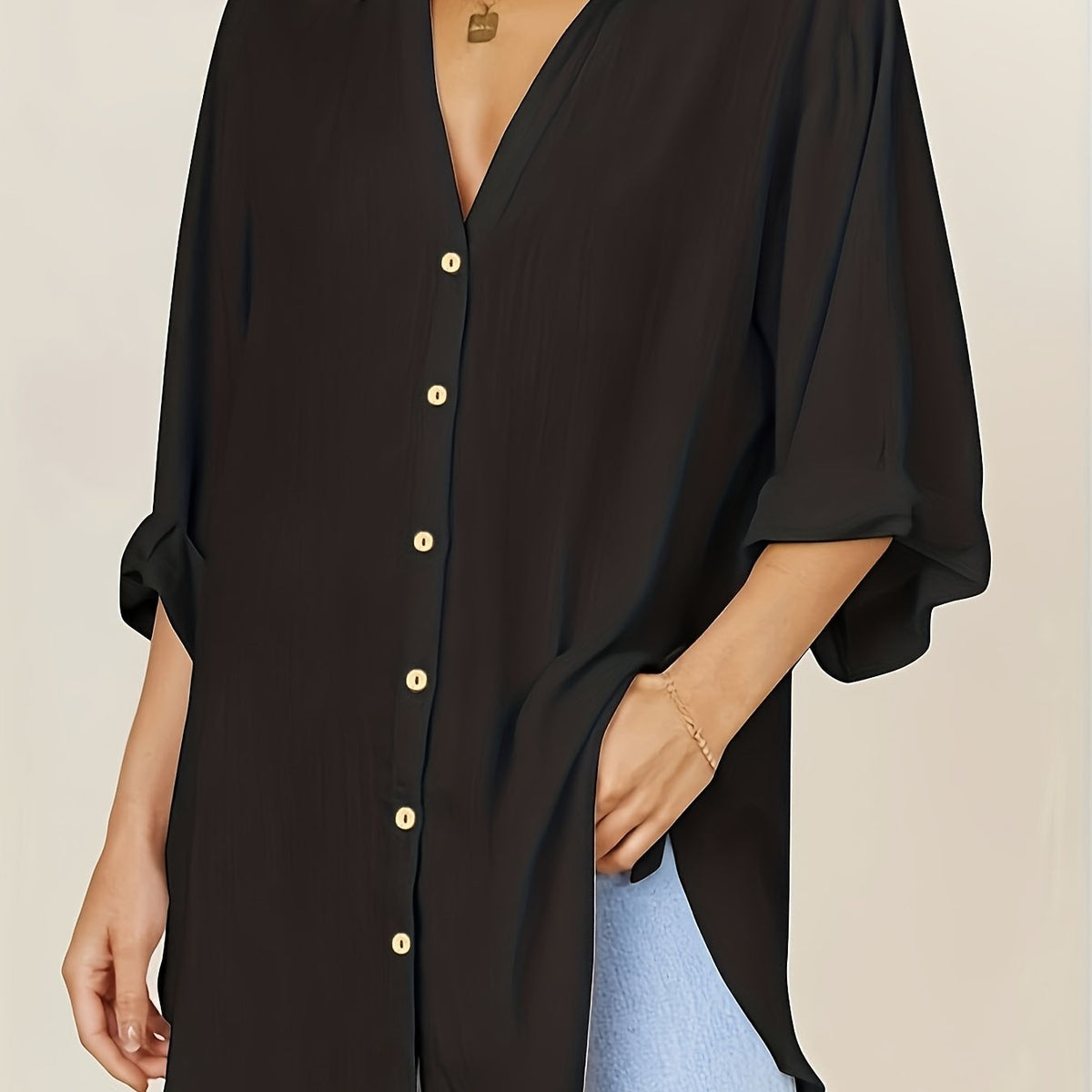  Solid Button Up Blouse Roll Up Sleeve Notched Neck