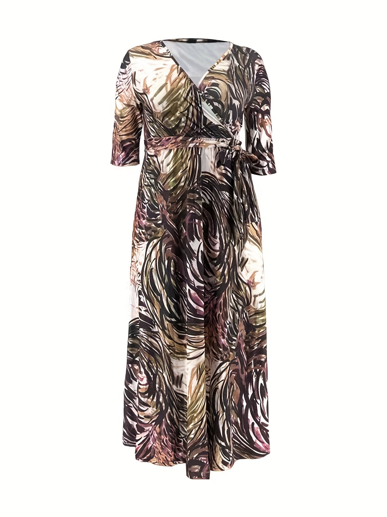  Casual Maxi Dress Allover Print Surplice Neck High Stretch