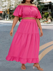  Women's Off Shoulder Crop Top & Maxi Skirt Two Piece Set
