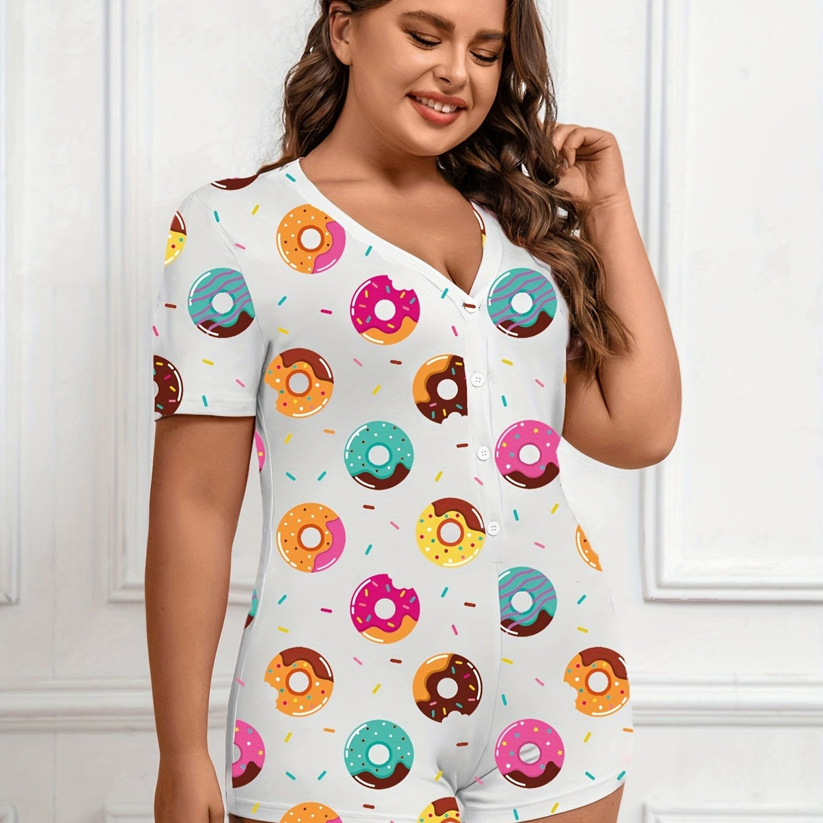  Cartoon Donut Print Pajama Romper