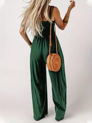  Casual Jumpsuit Women's PlusSolid Shirred Pocketed Wide Leg Tank Jump