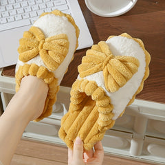 Women's Bowknot Slippers Round Toe Colorblock Warm Fluffy Home Shoes