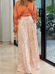 Solid Surplice Neck Top & Floral Wide Leg Pants Set