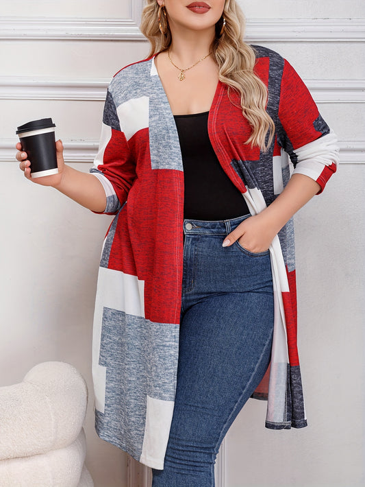  Colorblock Geometric Print Open Front Cardigan