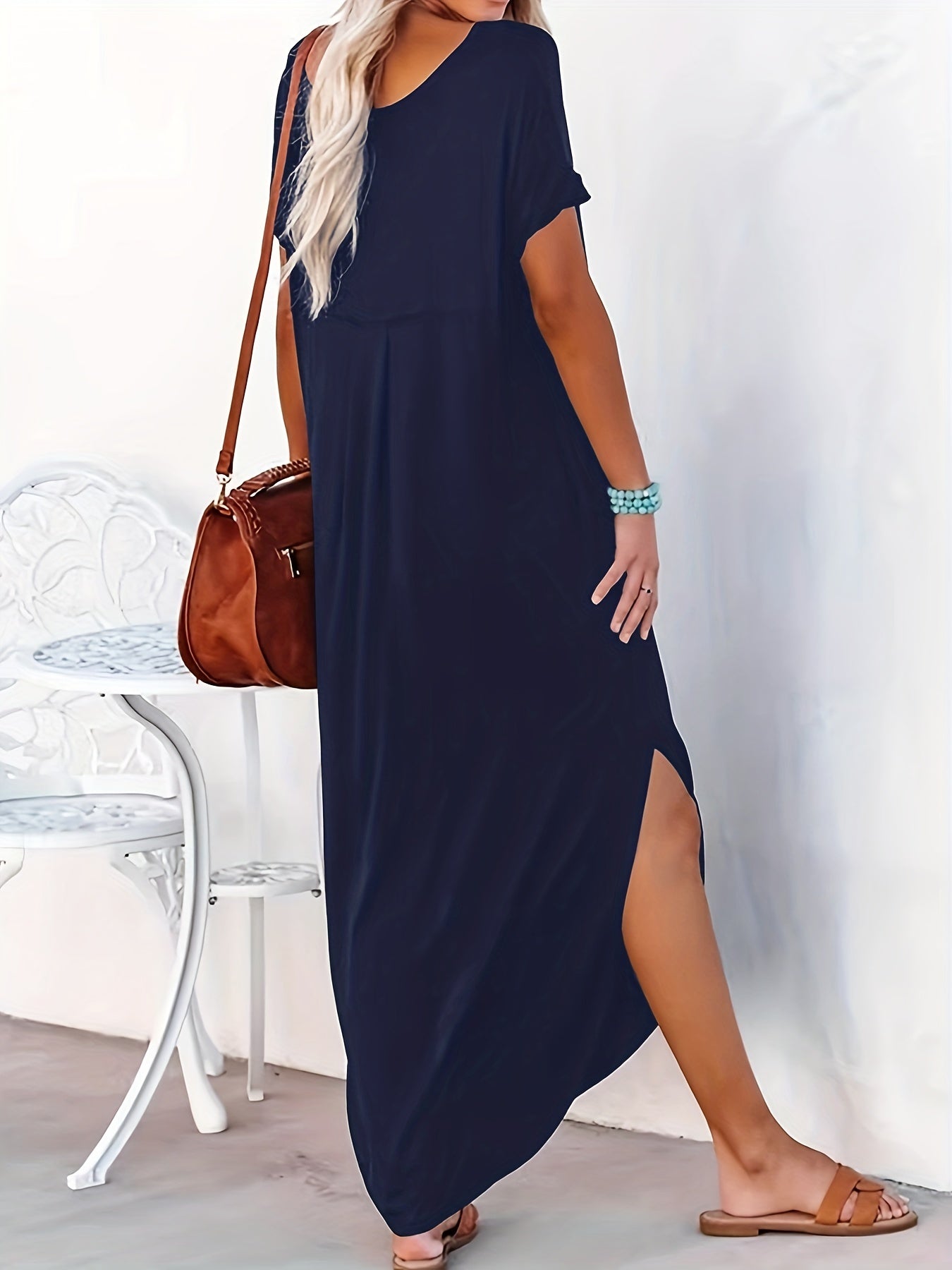 Short Sleeve Maxi Dress Crew Neck Side Slit Casual Dress Summer Spring