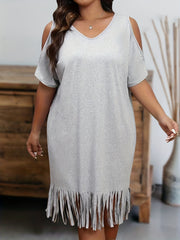  Punk Dress Women's Plus Cold Shoulder V Neck Fringe Trim Dress