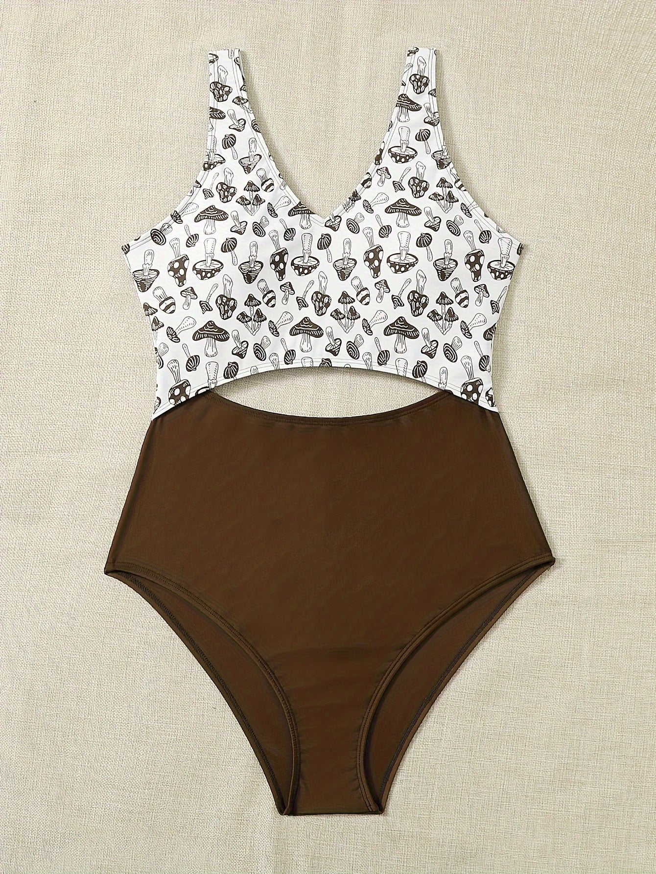  Sexy Mushroom Print V Neck Cut Out One Piece Swimsuit
